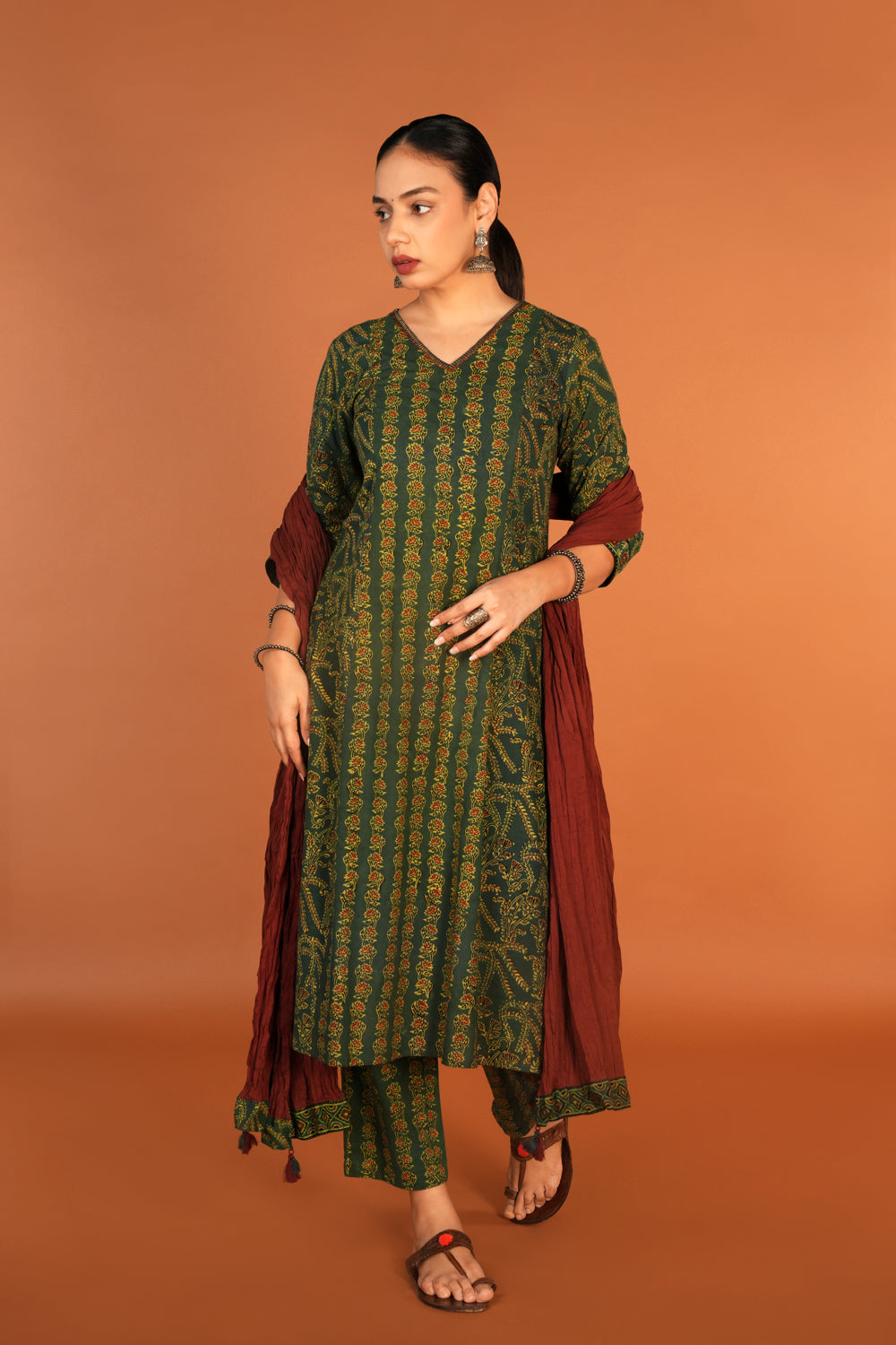 Image of Forest Green Ajrak handblock printed kurta with dupatta set